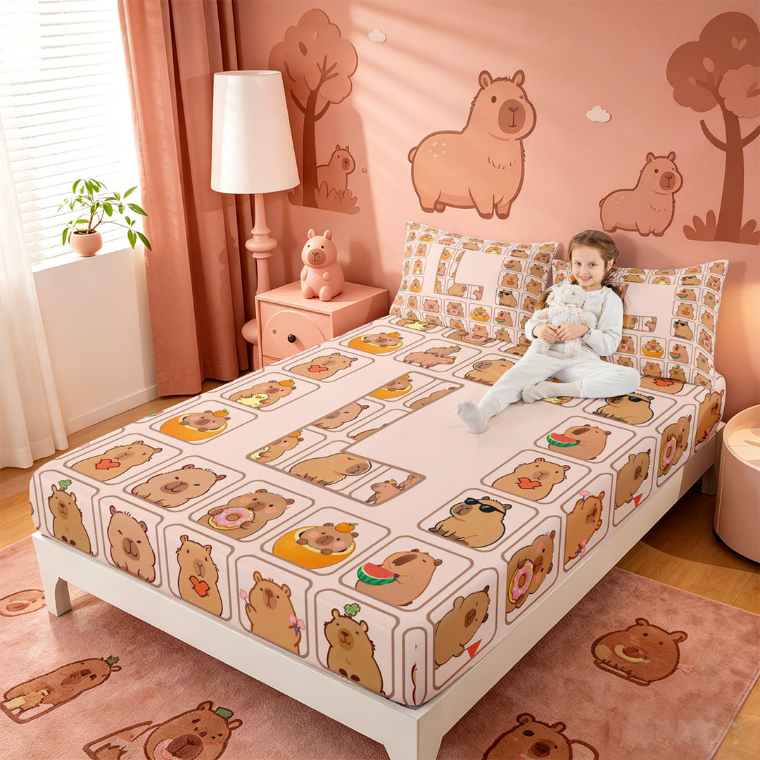 meiyoeat Brown Capybara Bed Sheets,Kawaii Animals Letter Print L Full Size Sheets,4 Pieces,1 Flat Sheet,1 Fitted Sheet and 2 Pillowcases