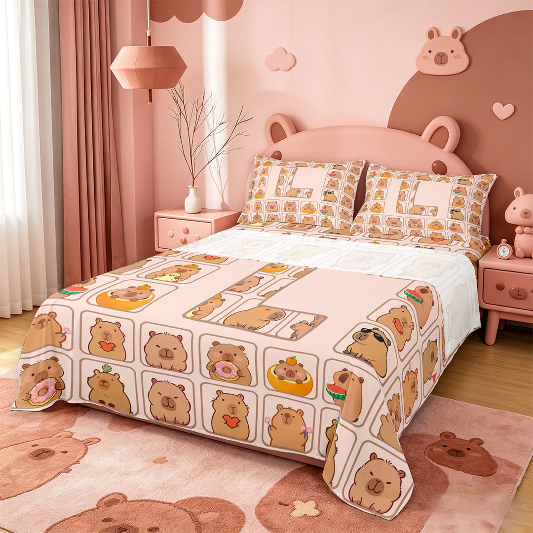 meiyoeat Brown Capybara Bed Sheets,Kawaii Animals Letter Print L Full Size Sheets,4 Pieces,1 Flat Sheet,1 Fitted Sheet and 2 Pillowcases