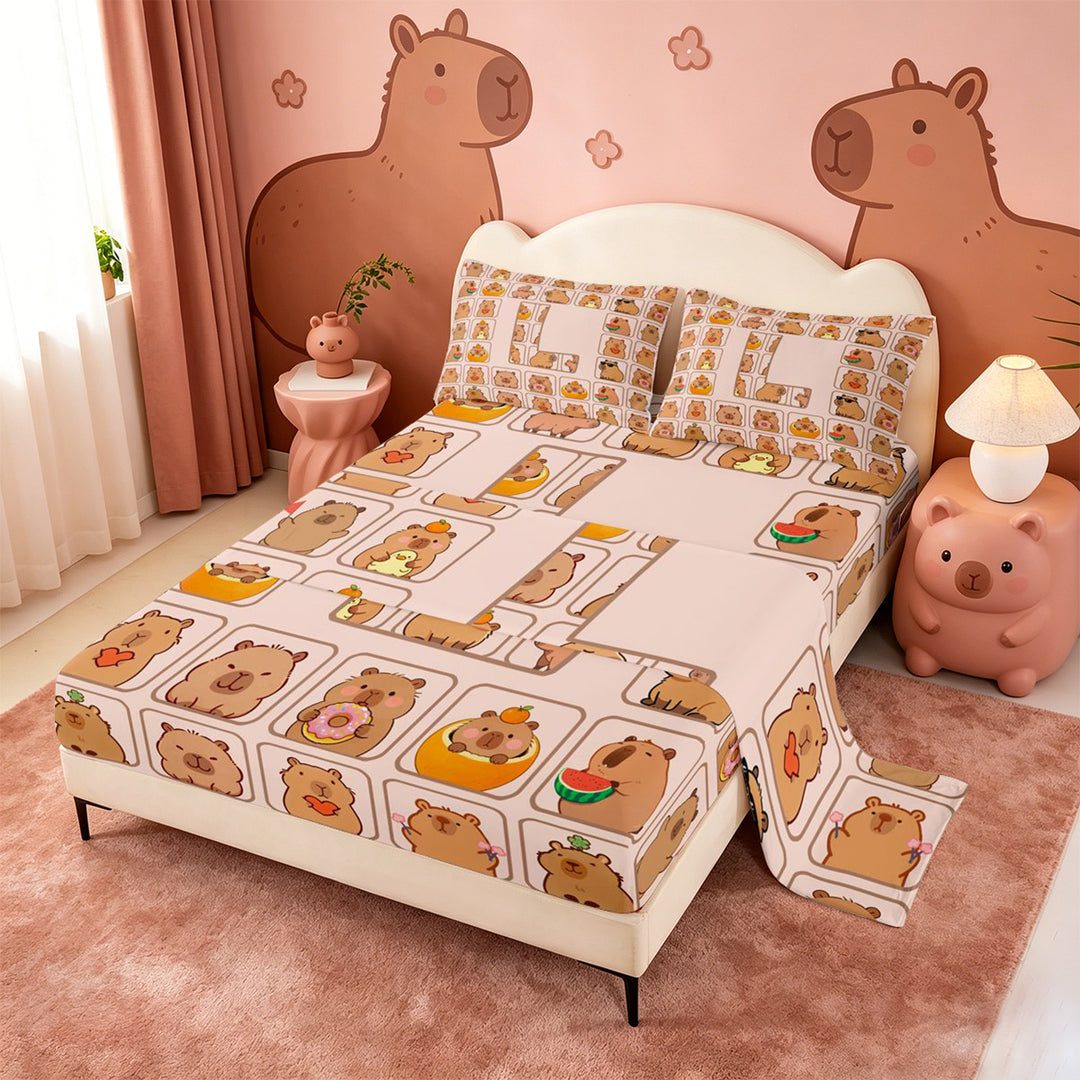 meiyoeat Brown Capybara Bed Sheets,Kawaii Animals Letter Print L Full Size Sheets,4 Pieces,1 Flat Sheet,1 Fitted Sheet and 2 Pillowcases
