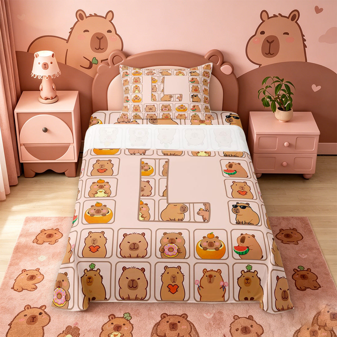 meiyoeat Brown Capybara Bed Sheets,Kawaii Animals Letter Print L Full Size Sheets,4 Pieces,1 Flat Sheet,1 Fitted Sheet and 2 Pillowcases