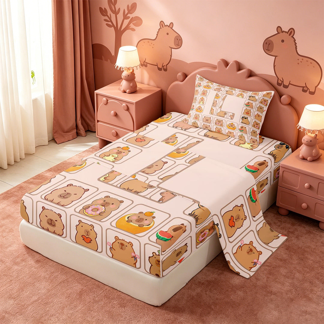 meiyoeat Brown Capybara Bed Sheets,Kawaii Animals Letter Print L Full Size Sheets,4 Pieces,1 Flat Sheet,1 Fitted Sheet and 2 Pillowcases