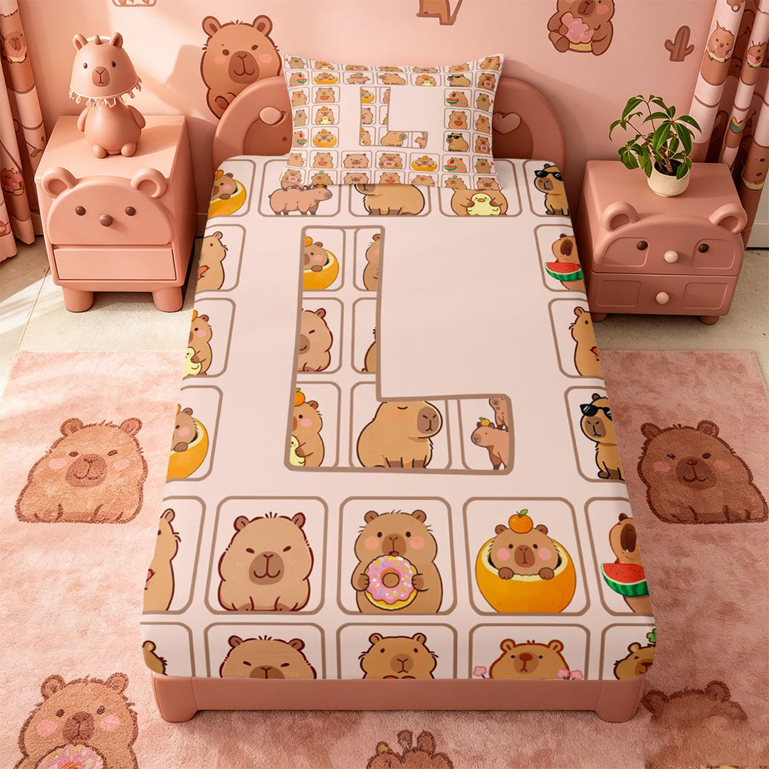 meiyoeat Brown Capybara Bed Sheets,Kawaii Animals Letter Print L Full Size Sheets,4 Pieces,1 Flat Sheet,1 Fitted Sheet and 2 Pillowcases