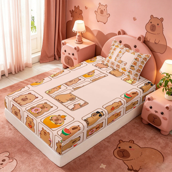 meiyoeat Brown Capybara Bed Sheets,Kawaii Animals Letter Print L Full Size Sheets,4 Pieces,1 Flat Sheet,1 Fitted Sheet and 2 Pillowcases