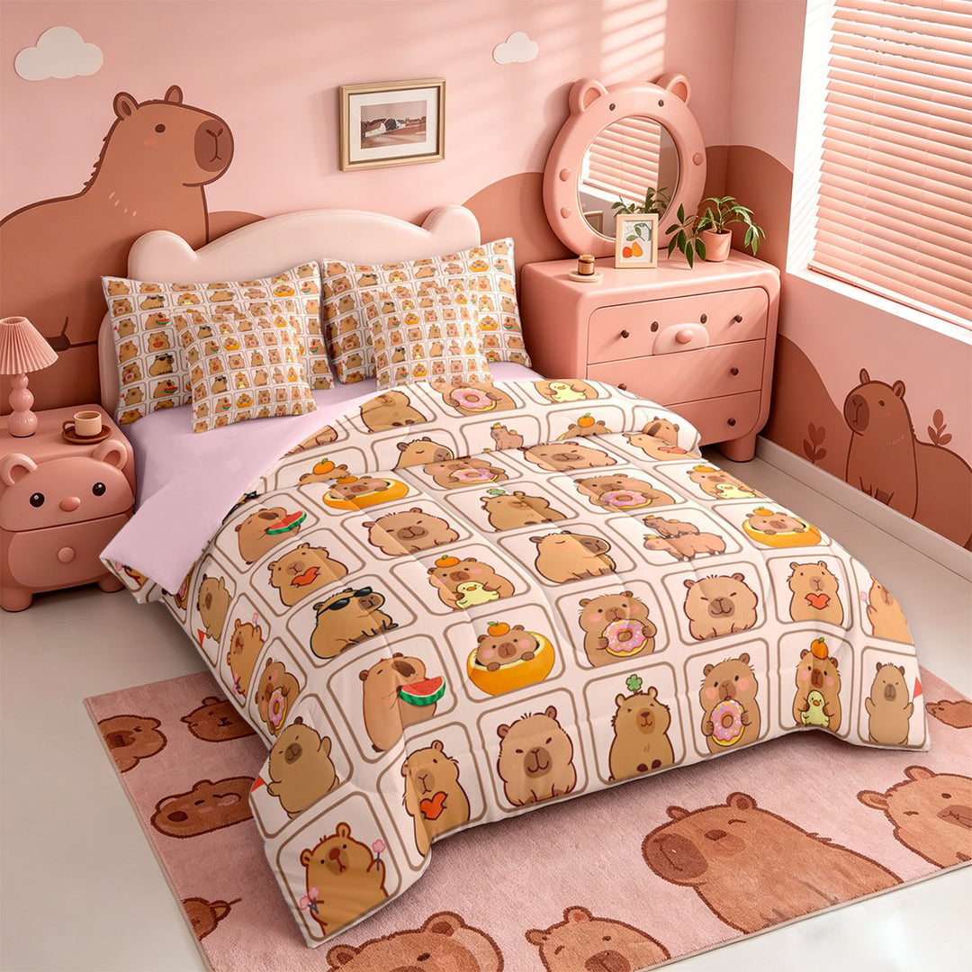 meiyoeat meiyoeat Cute Capybara 7 Pieces Full Size Bedding Sets,Brown Cartoon Animals Full Size Bed in a Bag,Pink Reversible