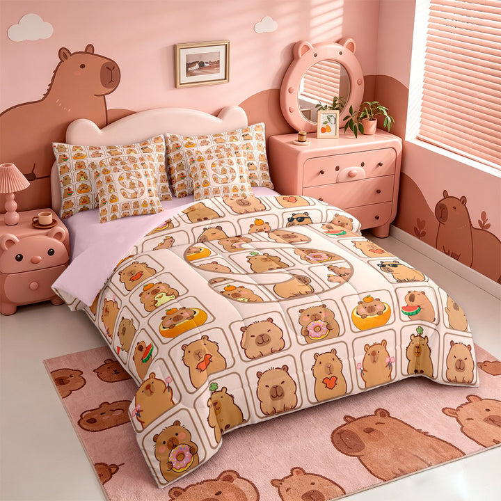 meiyoeat meiyoeat Initial Alphabet S 7 Pieces Full Size Bedding Sets,Kawaii Animal Capybara Full Size Bed in a Bag,Pink Reversible
