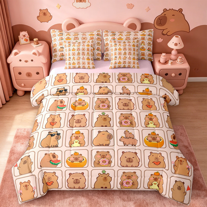 meiyoeat meiyoeat Cute Capybara 7 Pieces Full Size Bedding Sets,Brown Cartoon Animals Full Size Bed in a Bag,Pink Reversible
