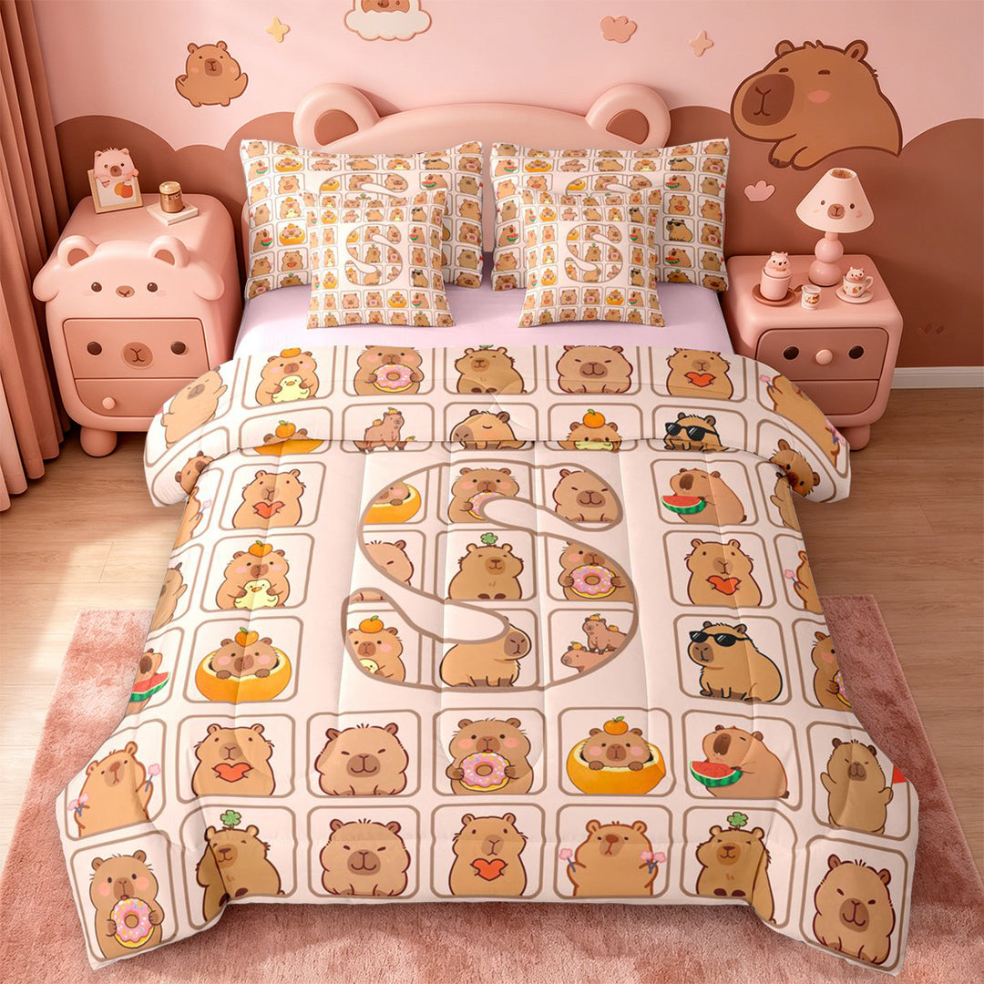 meiyoeat meiyoeat Initial Alphabet S 7 Pieces Full Size Bedding Sets,Kawaii Animal Capybara Full Size Bed in a Bag,Pink Reversible