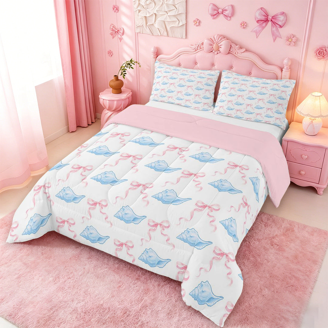 meiyoeat cute Seashell Bow Full Size Comforter Sets,Watercolor Coastal Style Bedding Comforter Set,Pink Reversible,3pcs,1 Comforter and 2 Pillowcases