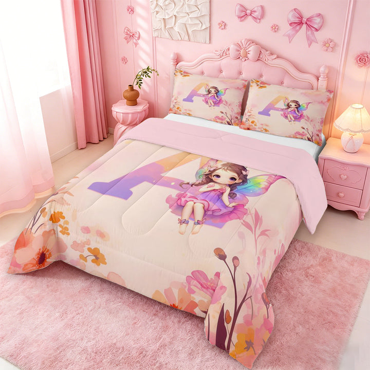 meiyoeat Rustic Flower Monogrammed A Full Size Comforter Sets,Kawaii Girls Bedding Comforter Set For Girl,Pink Reversible,3-Piece,1 Comforter and 2 Pillowcases