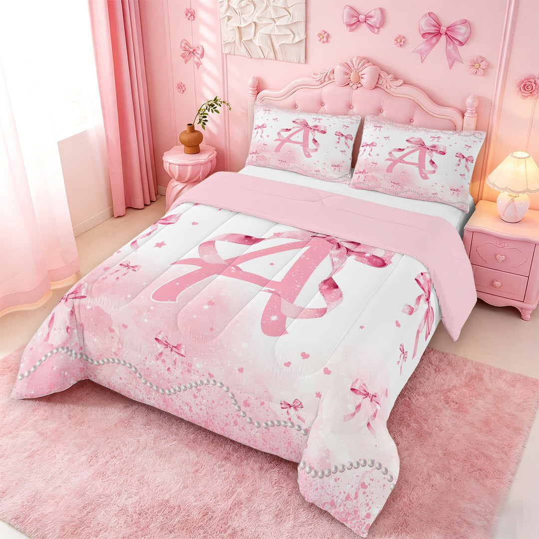 meiyoeat Pink Bow Monogram A Full Size Comforter Sets,Cute Ribbon Bowknot Bedding Comforter Set For Girl,Pink Reversible,3-Piece,1 Comforter and 2 Pillowcases