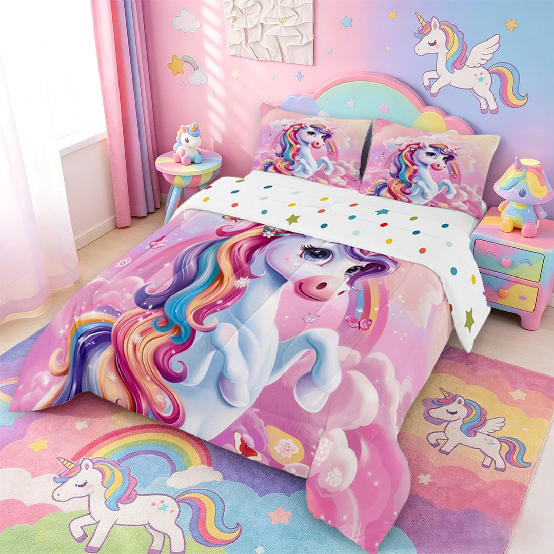 meiyoeat Colorful Magical Unicorn Full Size Comforter Sets For Kids,Cute Animals Bedding Comforter Set For Girls,Colorful Stars Reversible,3-Piece