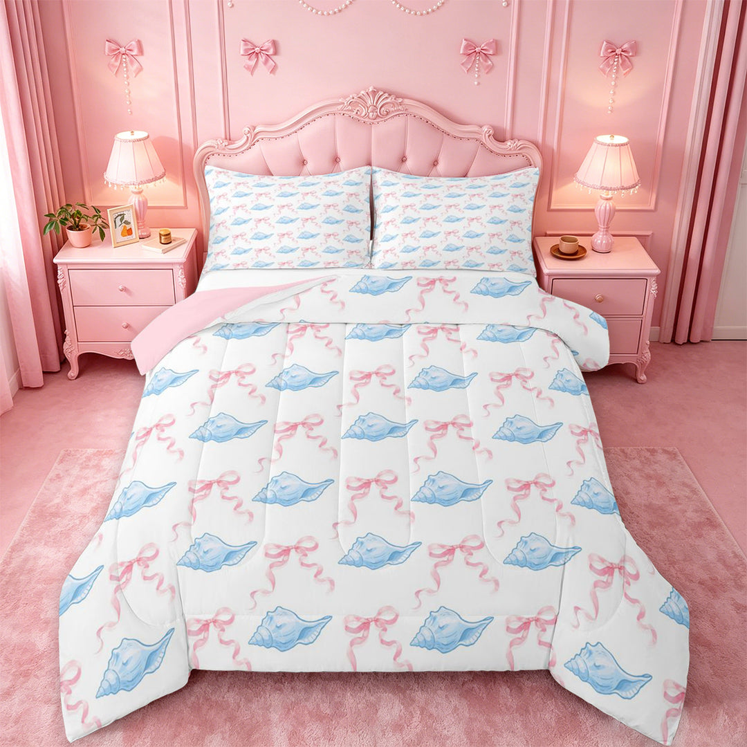meiyoeat cute Seashell Bow Full Size Comforter Sets,Watercolor Coastal Style Bedding Comforter Set,Pink Reversible,3pcs,1 Comforter and 2 Pillowcases