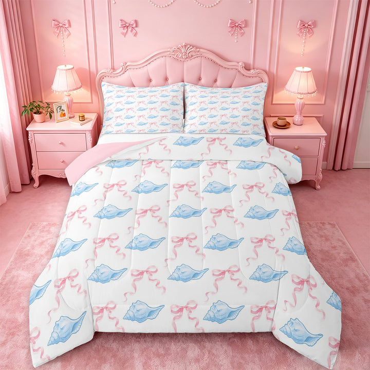 meiyoeat cute Seashell Bow Full Size Comforter Sets,Watercolor Coastal Style Bedding Comforter Set,Pink Reversible,3pcs,1 Comforter and 2 Pillowcases