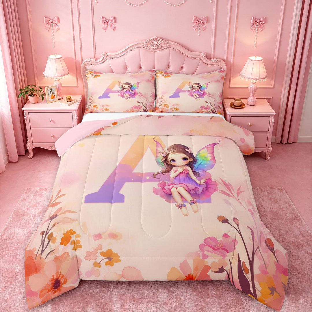 meiyoeat Rustic Flower Monogrammed A Full Size Comforter Sets,Kawaii Girls Bedding Comforter Set For Girl,Pink Reversible,3-Piece,1 Comforter and 2 Pillowcases
