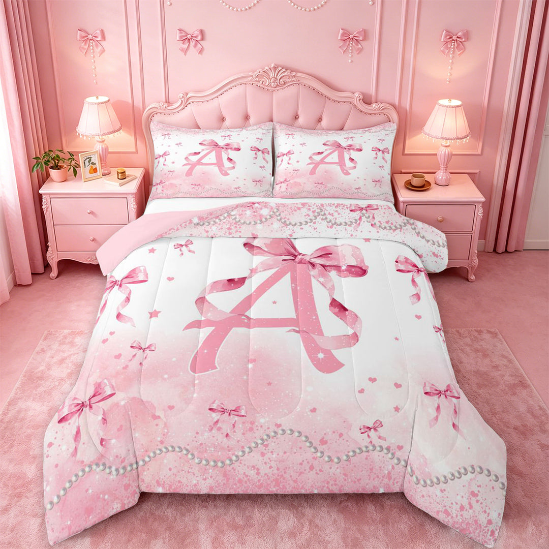meiyoeat Pink Bow Monogram A Full Size Comforter Sets,Cute Ribbon Bowknot Bedding Comforter Set For Girl,Pink Reversible,3-Piece,1 Comforter and 2 Pillowcases