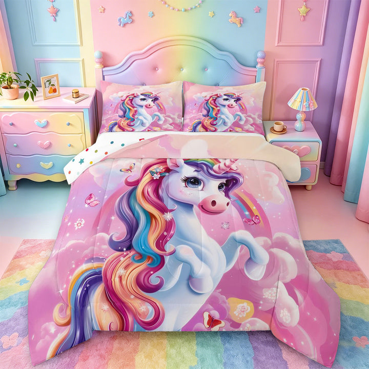 meiyoeat Colorful Magical Unicorn Full Size Comforter Sets For Kids,Cute Animals Bedding Comforter Set For Girls,Colorful Stars Reversible,3-Piece