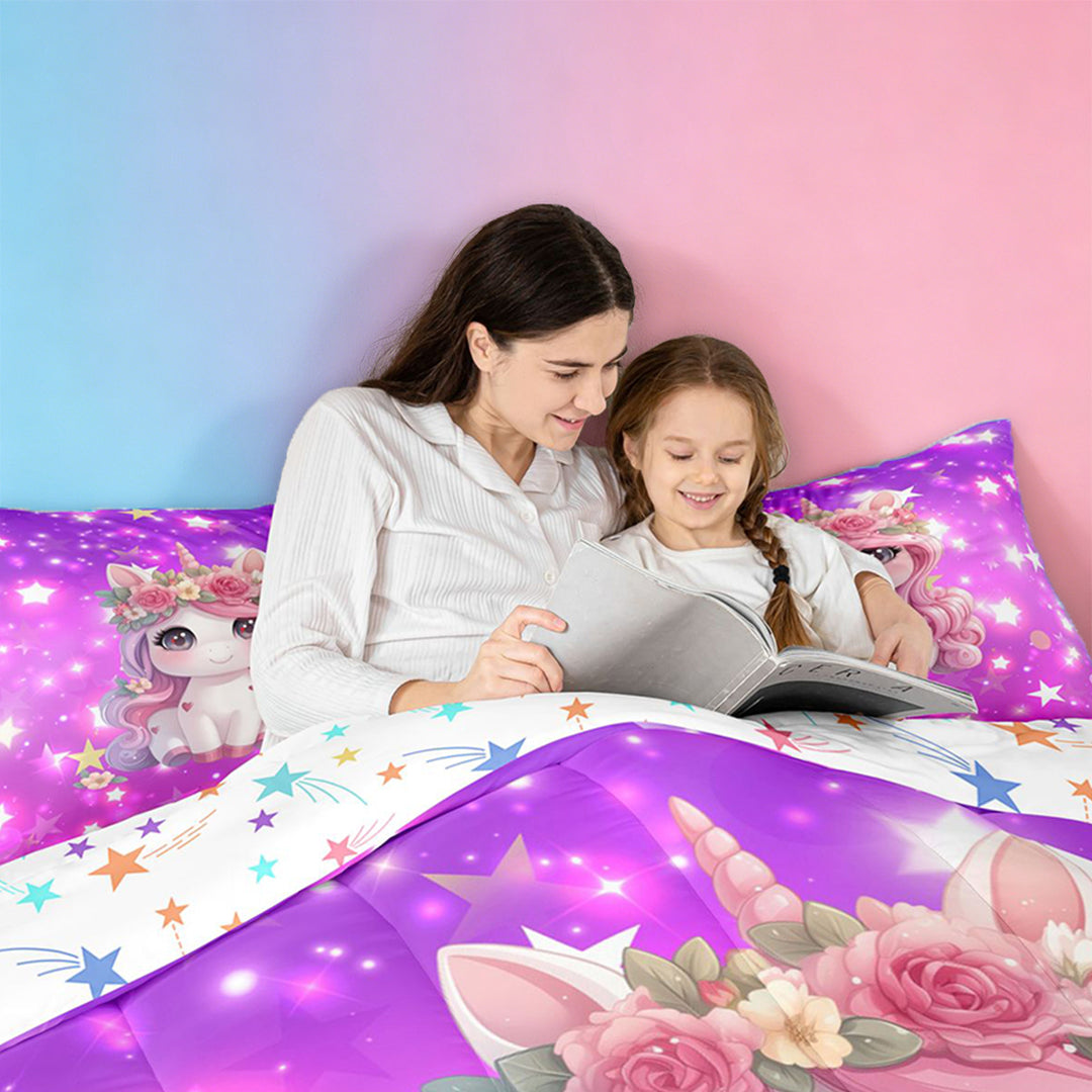 meiyoeat Cute Unicorn 7 Pieces Full Size Bedding Sets For Girls,Pink Cute Flowers Stars Full Size Bed in a Bag For Kids,Colorful Stars Reversible