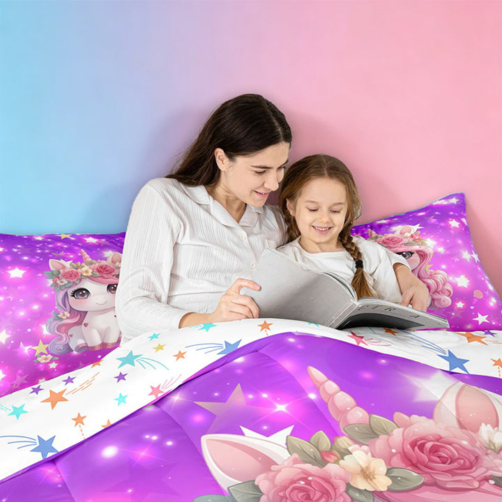 meiyoeat Cute Unicorn 7 Pieces Full Size Bedding Sets For Girls,Pink Cute Flowers Stars Full Size Bed in a Bag For Kids,Colorful Stars Reversible