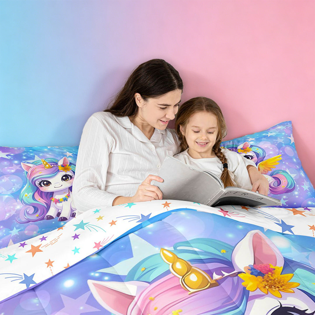 meiyoeat Kawaii Rainbow Unicorn 7 Pieces Full Size Bedding Sets For Girls,Colorful Cute Stars Print Full Size Bed in a Bag For Kids,Colorful Stars Reversible