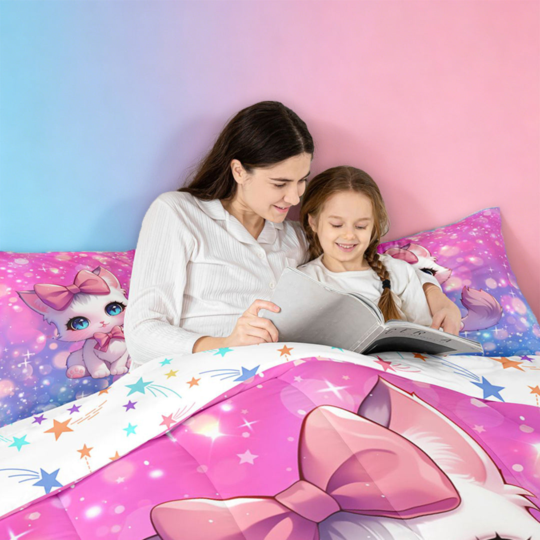 meiyoeat Cartoon Cute Kitten 7 Pieces Full Size Bedding Sets For Girls,Pink Bowknot Cat Full Size Bed in a Bag For Kids,Colorful Stars Reversible