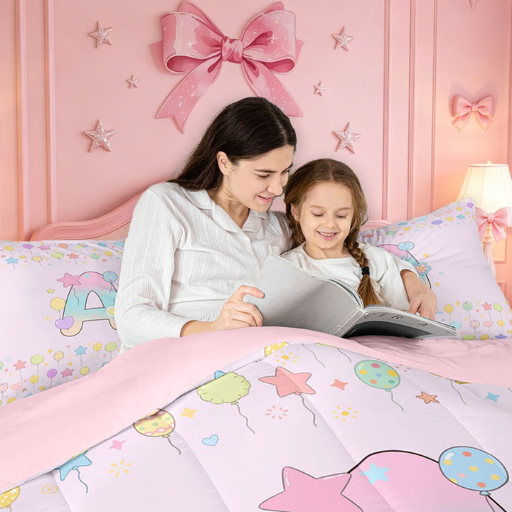 meiyoeat Pastel Balloon Monogram A 7 Pieces Full Size Bedding Sets,Rainbow Gradient Initial Full Size Bed in a Bag For Girl,Pink Reversible