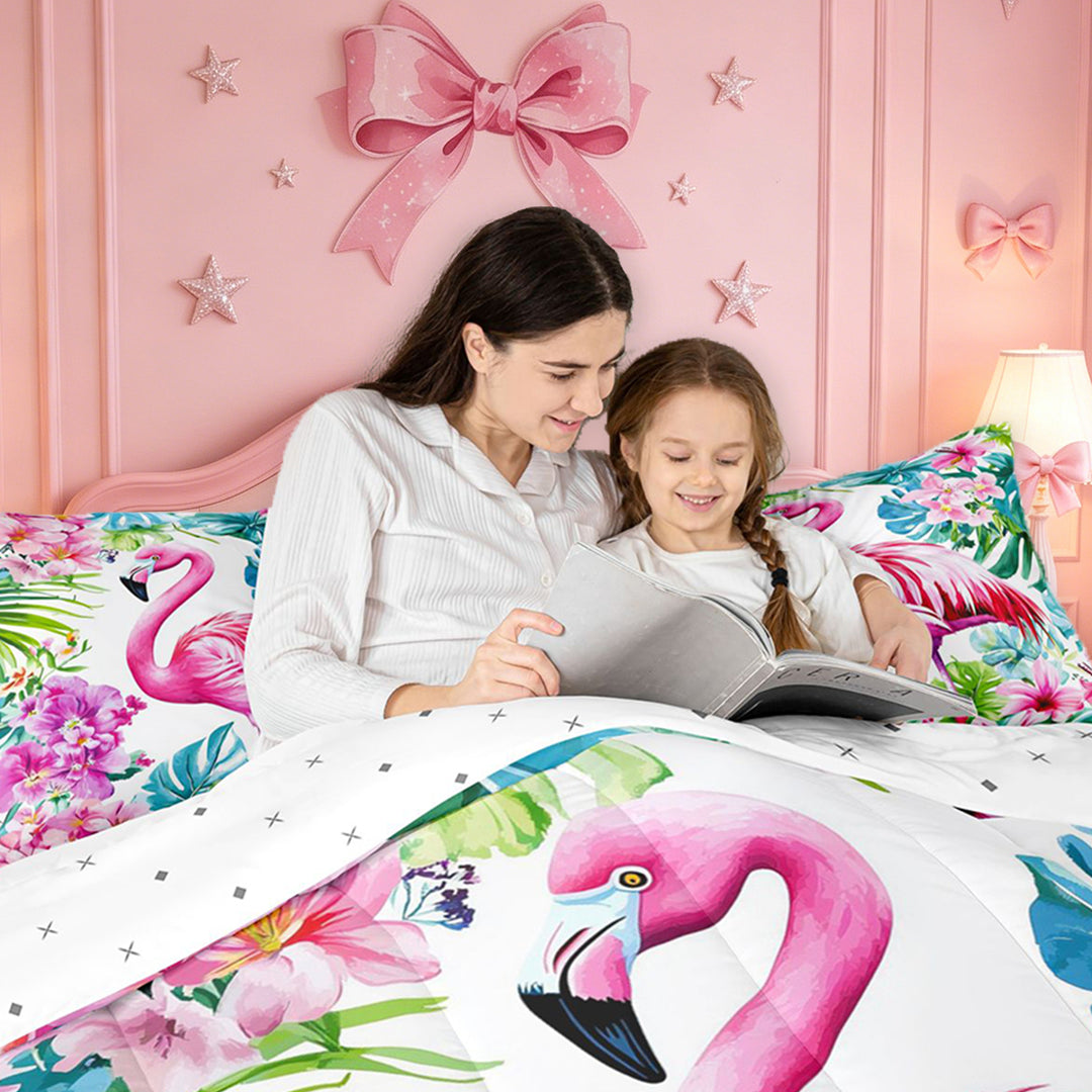 meiyoeat Tropical Flamingo Floral 7 Pieces Full Size Bedding Sets,Green Monstera Leaf Full Size Bed in a Bag For Girl,Reversible