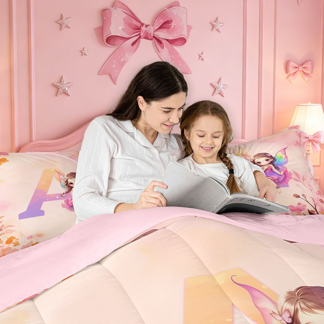 meiyoeat Rustic Flower Monogrammed A Full Size Comforter Sets,Kawaii Girls Bedding Comforter Set For Girl,Pink Reversible,3-Piece,1 Comforter and 2 Pillowcases