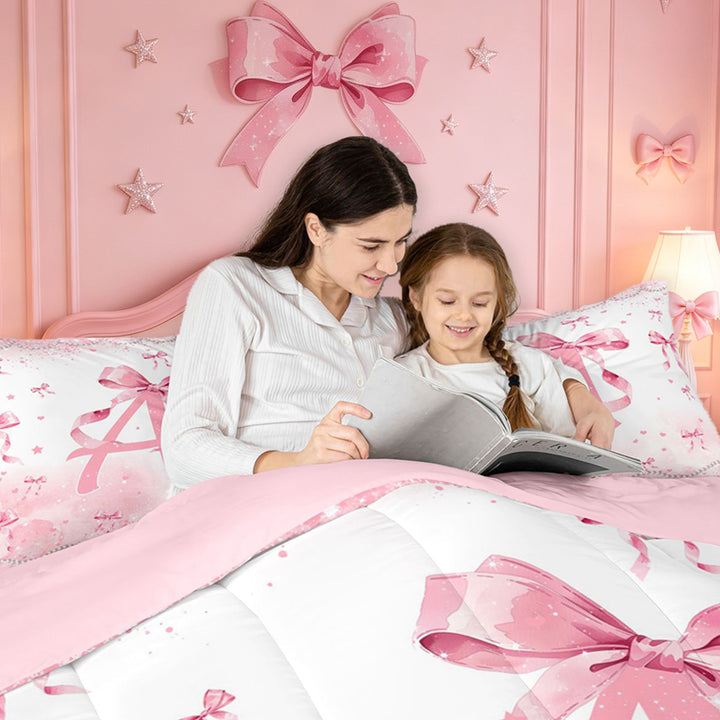 meiyoeat Pink Bow Monogram A Full Size Comforter Sets,Cute Ribbon Bowknot Bedding Comforter Set For Girl,Pink Reversible,3-Piece,1 Comforter and 2 Pillowcases