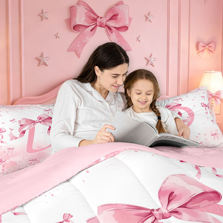 meiyoeat Girly Bow Monogrammed D 7 Pieces Full Size Bedding Sets,Pink Pearl Initial Print Full Size Bed in a Bag For Girl,Pink Reversible