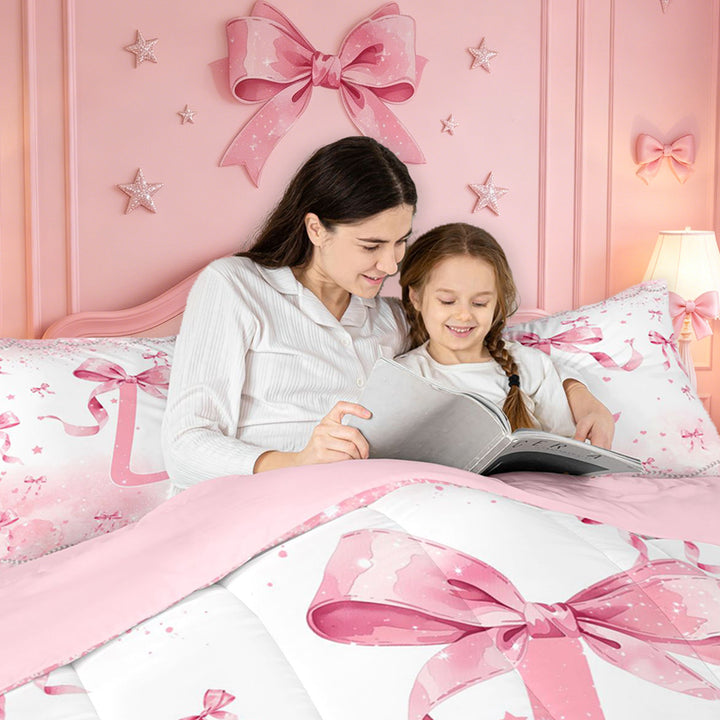 meiyoeat Pink Ribbon Bow 7 Pieces Full Size Bedding Sets,Glitter Print 3D Initial Letter L Kids Full Size Bed in a Bag For Girl,Pink Reversible