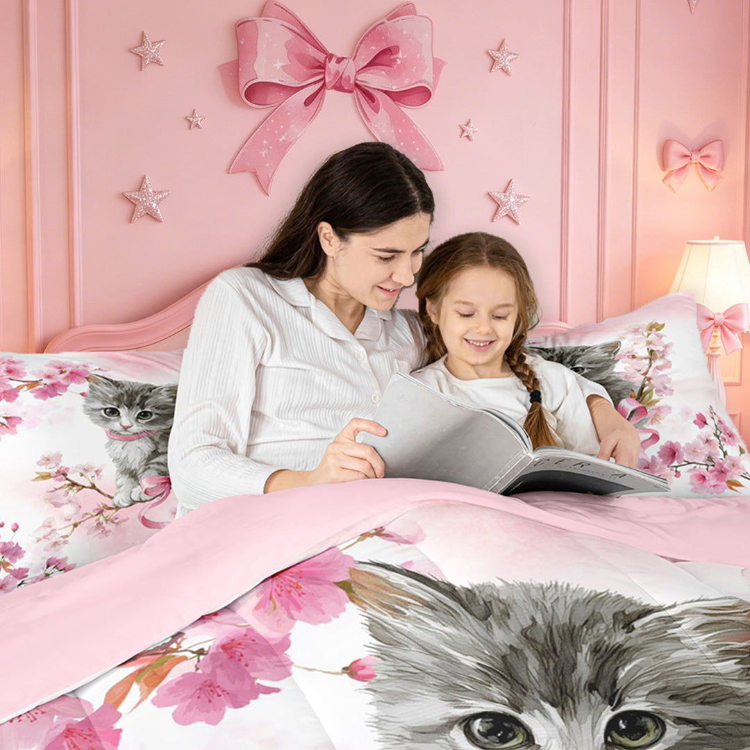 meiyoeat Cherry Blossom Kitten Theme 7 Pieces Full Size Bedding Sets,Gray Cute Cat Print Full Size Bed in a Bag For Girl,Reversible