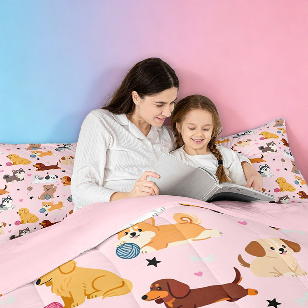 meiyoeat Cute Pet Dogs 7 Pieces Full Size Bedding Sets For Girls,Kawaii Animals Full Size Bed in a Bag For Kids,Pink Reversible