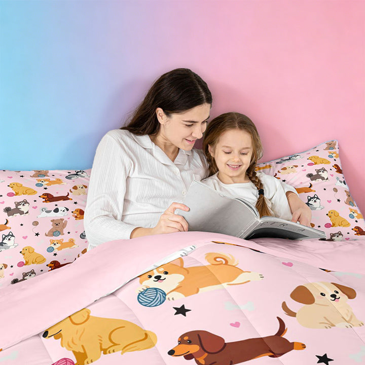 meiyoeat Cute Pet Dogs 7 Pieces Full Size Bedding Sets For Girls,Kawaii Animals Full Size Bed in a Bag For Kids,Pink Reversible