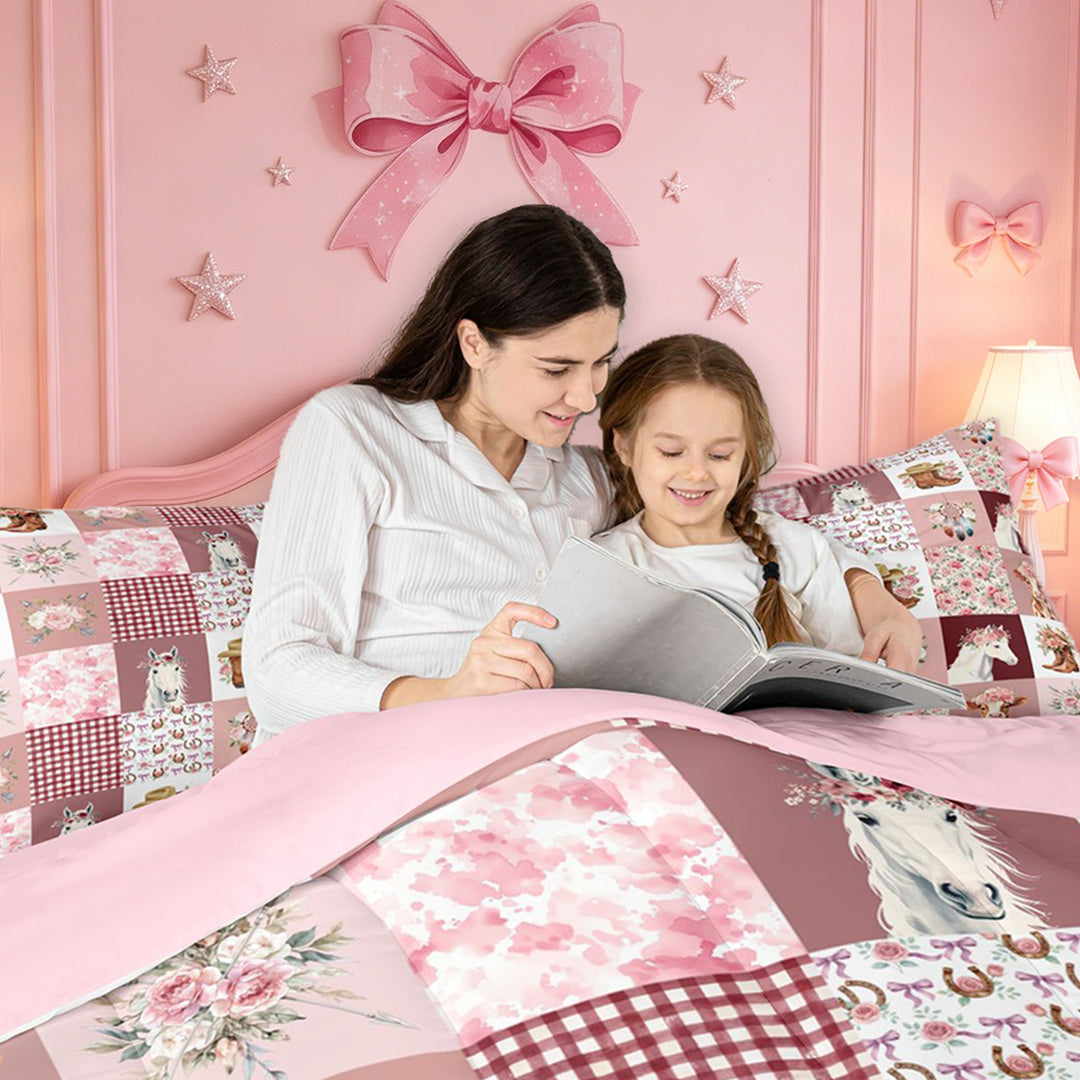 meiyoeat Farm Animal Horse Cow 7 Pieces Full Size Bedding Sets,Romantic Pink Flowers Full Size Bed in a Bag For Girl,Reversible