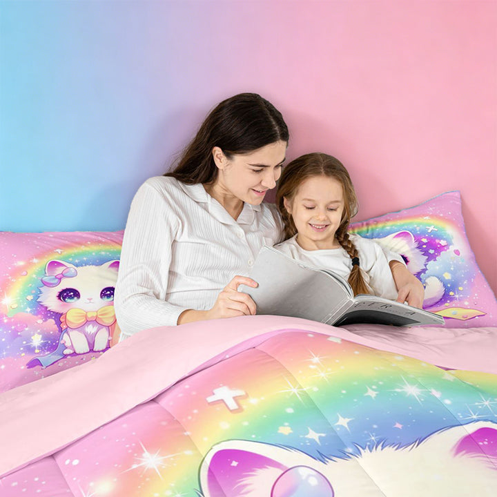 meiyoeat 3D Kawaii Cat 7 Pieces Full Size Bedding Sets For Girls,Rainbow Sparkling Print Full Size Bed in a Bag For Kids,Pink Reversible