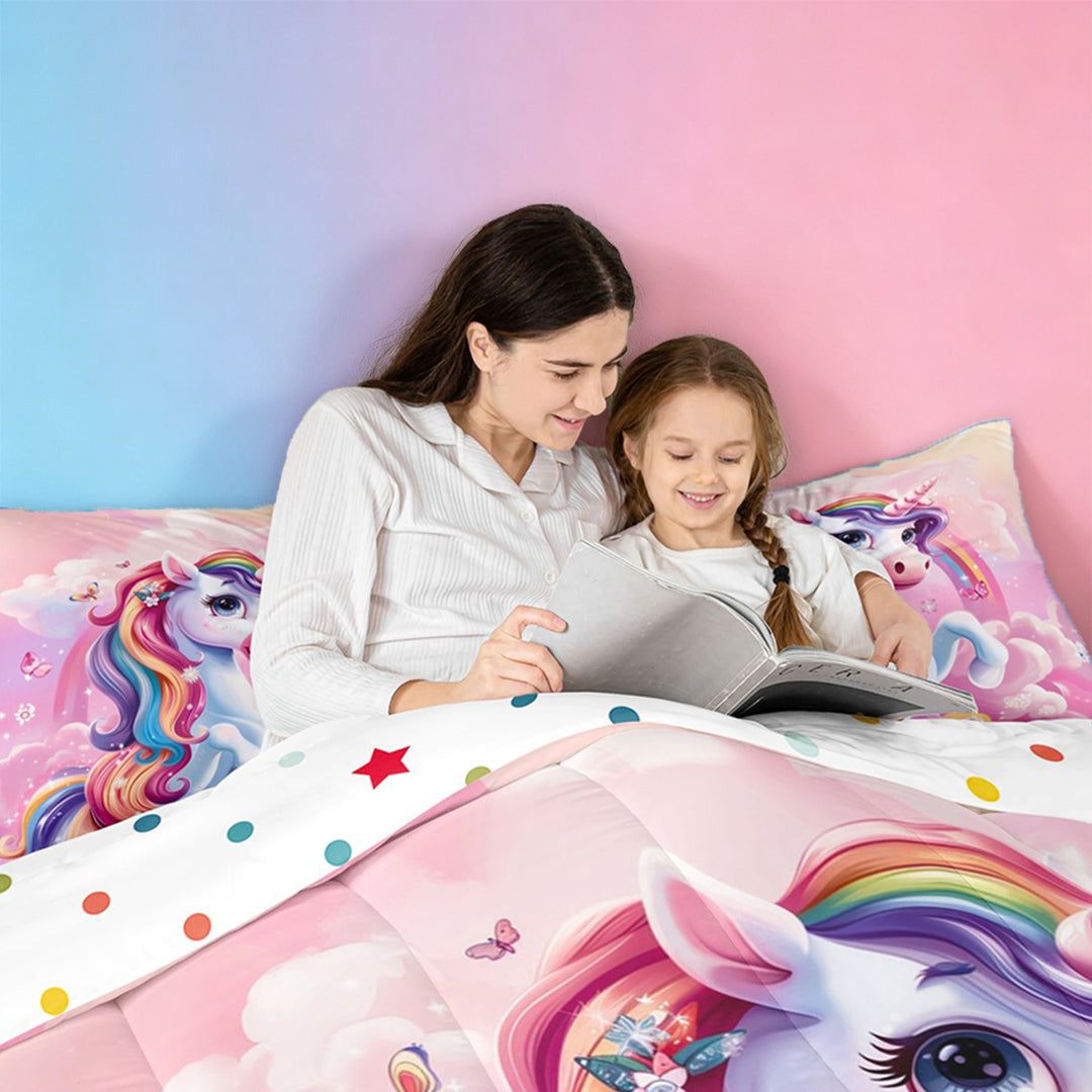 meiyoeat Colorful Magical Unicorn Full Size Comforter Sets For Kids,Cute Animals Bedding Comforter Set For Girls,Colorful Stars Reversible,3-Piece