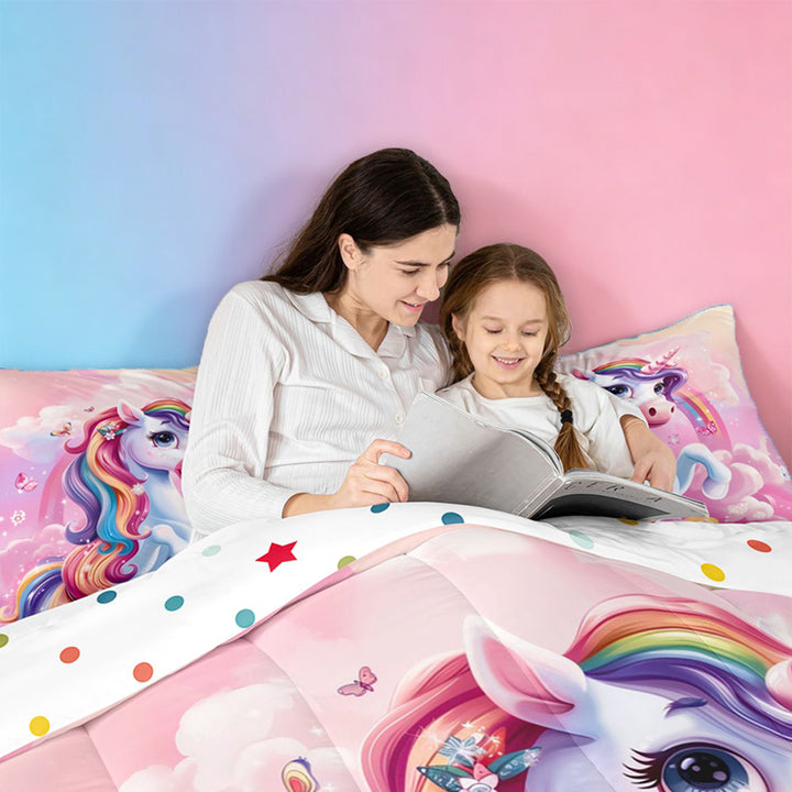 meiyoeat Colorful Magical Unicorn Full Size Comforter Sets For Kids,Cute Animals Bedding Comforter Set For Girls,Colorful Stars Reversible,3-Piece