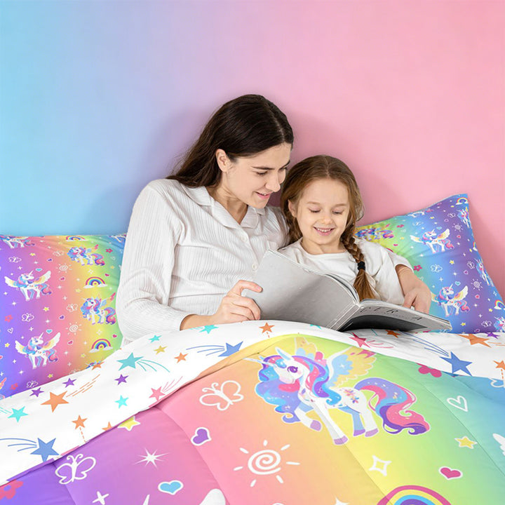 meiyoeat Colorful Kawaii Unicorn 7 Pieces Full Size Bedding Sets For Girls,Dreamy Rainbow Gradient Stripes Full Size Bed in a Bag For Kids,Colorful Stars Reversible