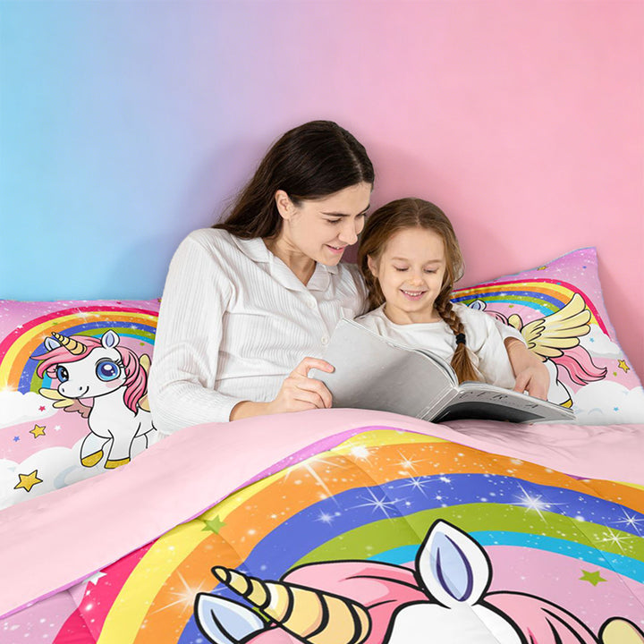 meiyoeat Cartoon Unicorn Pattern 7 Pieces Full Size Bedding Sets For Girls,Cute Sequin Print Rainbow Stars Full Size Bed in a Bag For Kids,Pink Reversible