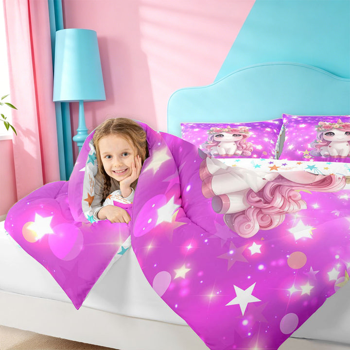 meiyoeat Cute Unicorn 7 Pieces Full Size Bedding Sets For Girls,Pink Cute Flowers Stars Full Size Bed in a Bag For Kids,Colorful Stars Reversible