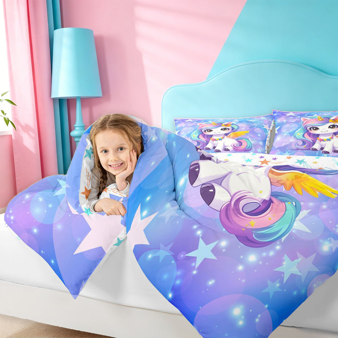 meiyoeat Kawaii Rainbow Unicorn 7 Pieces Full Size Bedding Sets For Girls,Colorful Cute Stars Print Full Size Bed in a Bag For Kids,Colorful Stars Reversible
