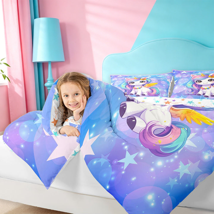 meiyoeat Kawaii Rainbow Unicorn 7 Pieces Full Size Bedding Sets For Girls,Colorful Cute Stars Print Full Size Bed in a Bag For Kids,Colorful Stars Reversible