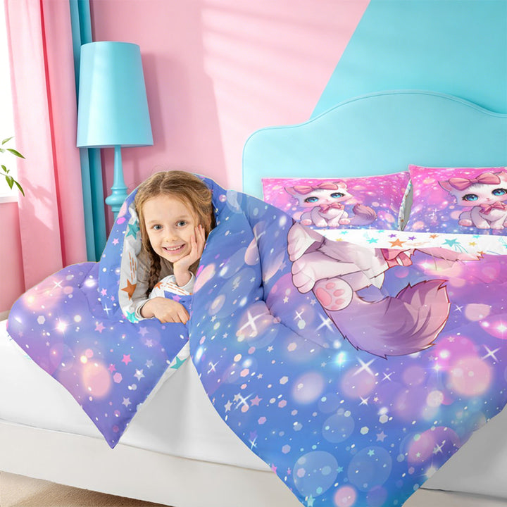 meiyoeat Cartoon Cute Kitten 7 Pieces Full Size Bedding Sets For Girls,Pink Bowknot Cat Full Size Bed in a Bag For Kids,Colorful Stars Reversible