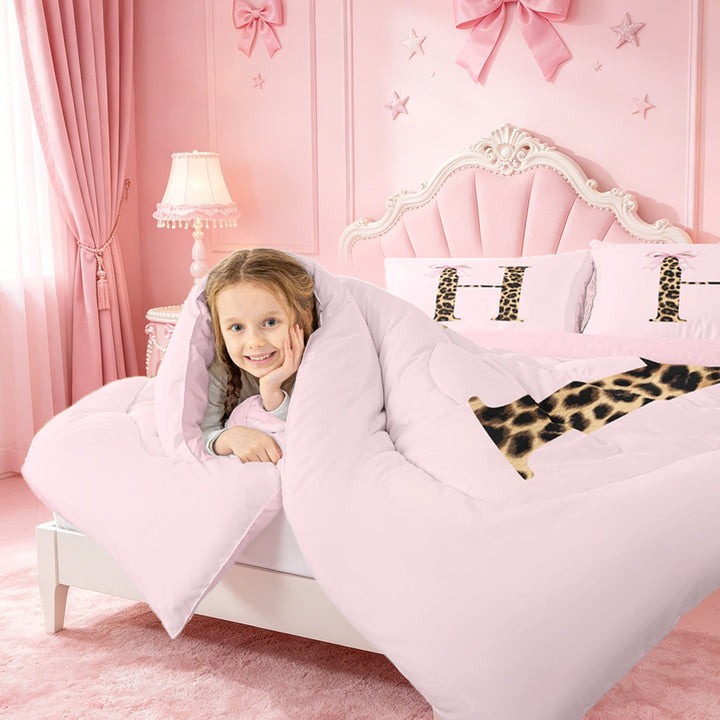 meiyoeat Pink Print Alphabet 7 Pieces Full Size Bedding Sets,Cheetah Bow Tie Initial Design Full Size Bed in a Bag For Girl,Pink Reversible