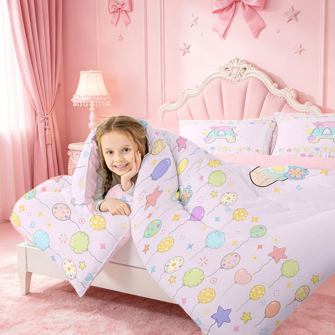 meiyoeat Pastel Balloon Monogram A 7 Pieces Full Size Bedding Sets,Rainbow Gradient Initial Full Size Bed in a Bag For Girl,Pink Reversible