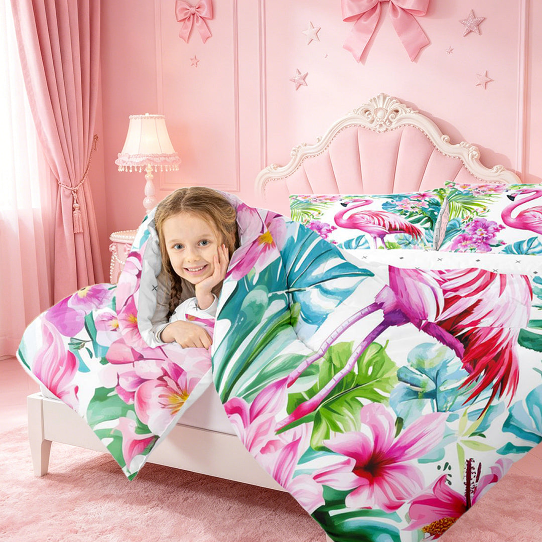 meiyoeat Tropical Flamingo Floral 7 Pieces Full Size Bedding Sets,Green Monstera Leaf Full Size Bed in a Bag For Girl,Reversible