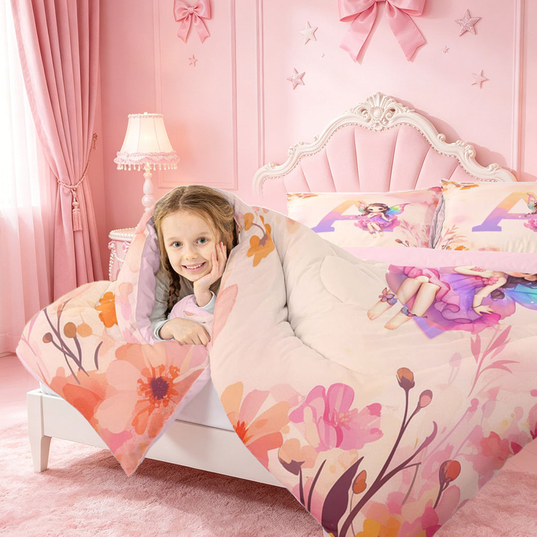 meiyoeat Rustic Flower Monogrammed A Full Size Comforter Sets,Kawaii Girls Bedding Comforter Set For Girl,Pink Reversible,3-Piece,1 Comforter and 2 Pillowcases