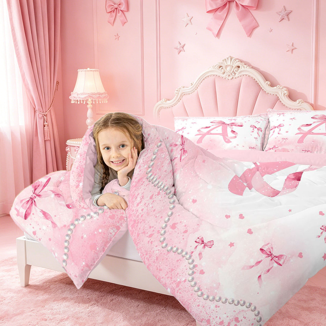 meiyoeat Pink Bow Monogram A Full Size Comforter Sets,Cute Ribbon Bowknot Bedding Comforter Set For Girl,Pink Reversible,3-Piece,1 Comforter and 2 Pillowcases