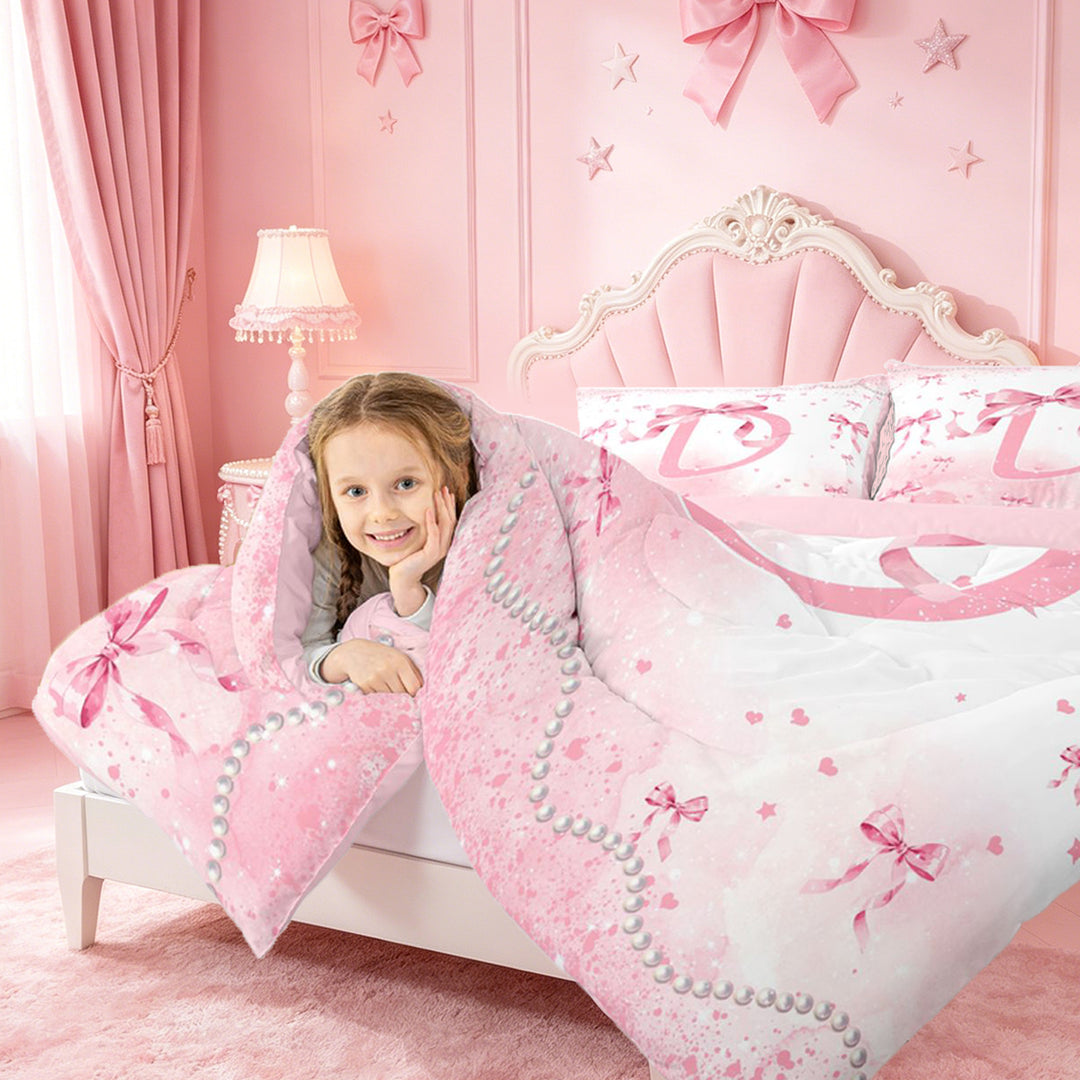 meiyoeat Girly Bow Monogrammed D 7 Pieces Full Size Bedding Sets,Pink Pearl Initial Print Full Size Bed in a Bag For Girl,Pink Reversible
