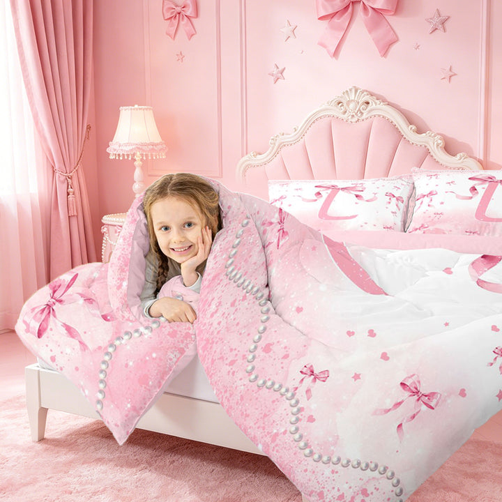 meiyoeat Pink Ribbon Bow 7 Pieces Full Size Bedding Sets,Glitter Print 3D Initial Letter L Kids Full Size Bed in a Bag For Girl,Pink Reversible